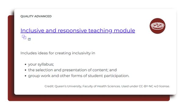 Card describing an inclusive and responsive teaching module for creating inclusivity in syllabus and student participation.