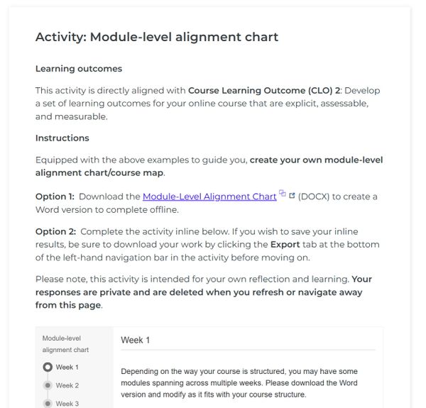 Instructions to create a module-level alignment chart for online course learning outcomes.