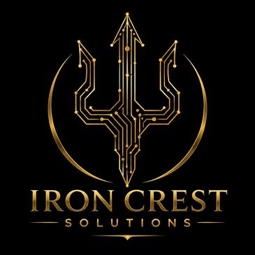 Golden trident logo for Iron Crest Solutions on black.