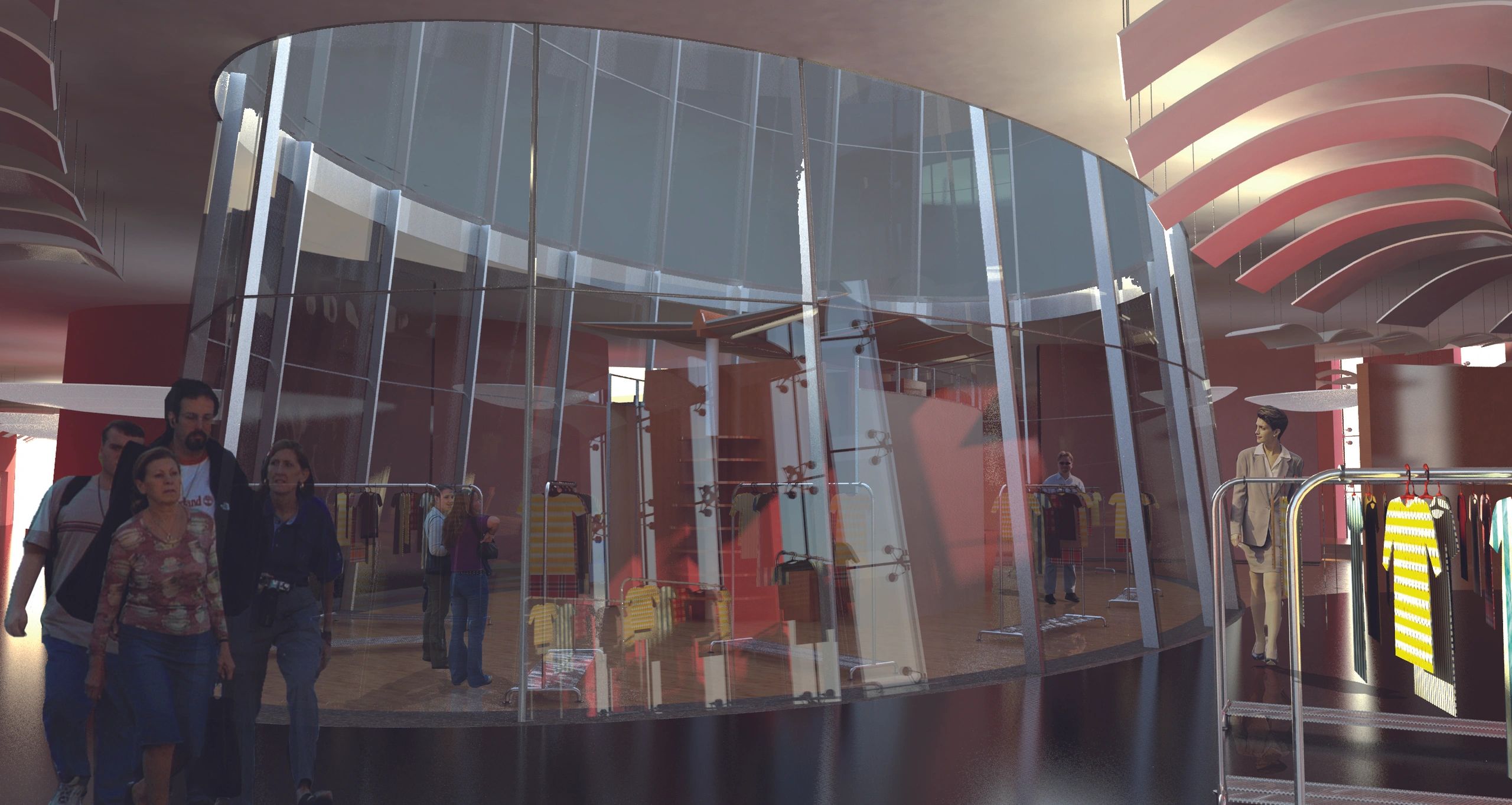 Interno di un moderno negozio di abbigliamento con pareti di vetro, manichini e persone che cammina