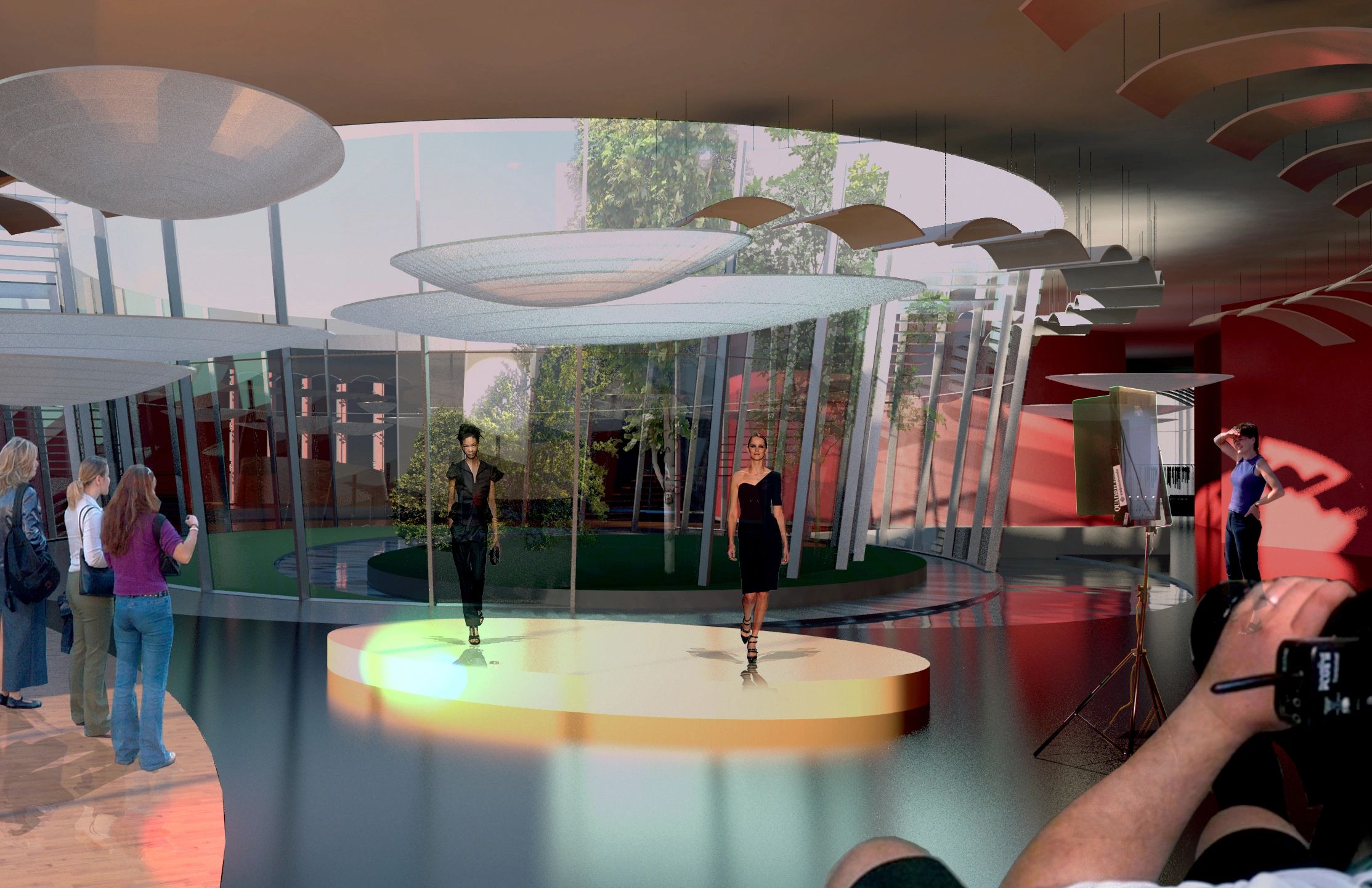 Questa immagine raffigura una sfilata di moda in un moderno edificio con pareti di vetro e alberi.