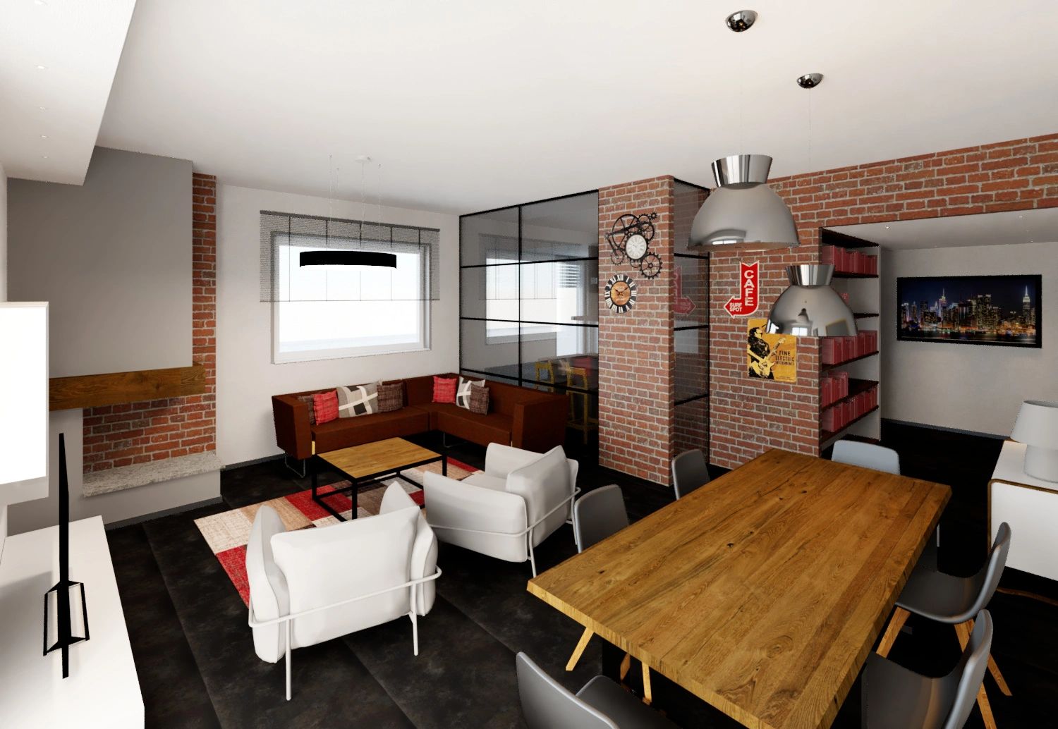 Interno moderno e spazioso con pareti in mattoni, zona pranzo e soggiorno in stile industrial.