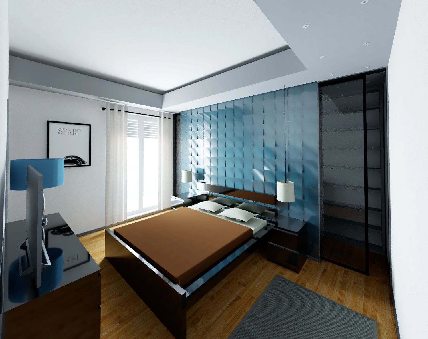 Camera da letto moderna con parete blu texturizzata, letto marrone e armadio scuro.