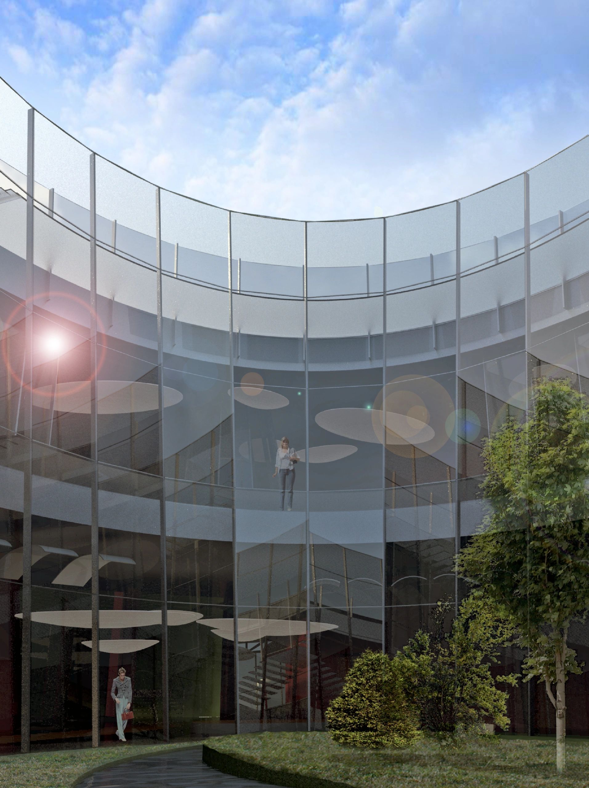 Corte interna di un edificio moderno con pareti curve di vetro, piante e persone.