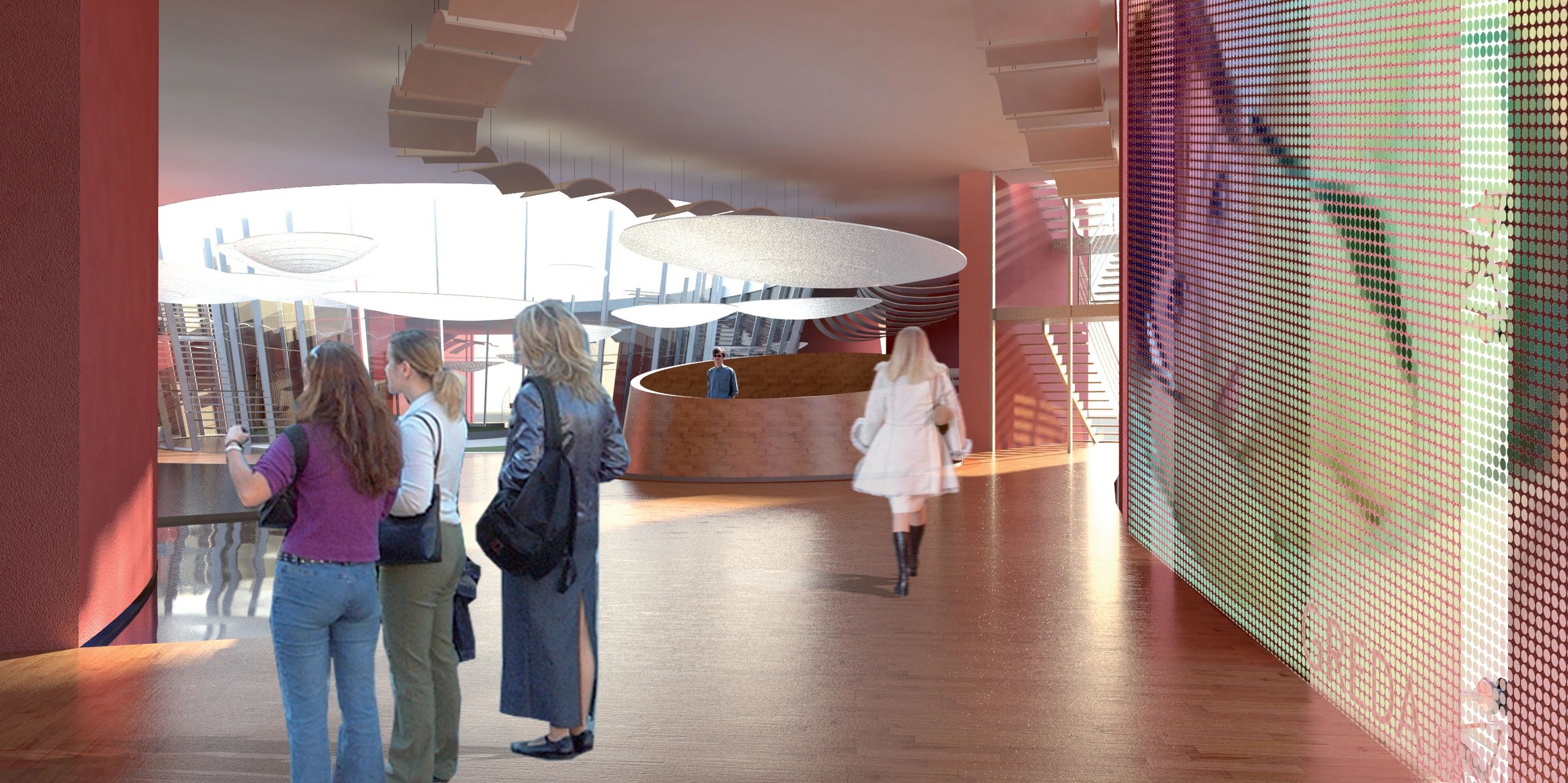 Interno mostra un atrio spazioso con persone, una reception in legno e un grande schermo a Led