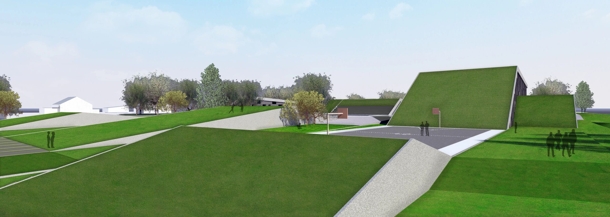 Questa è una rappresentazione di una scuola con tetti verdi integrati nel paesaggio collinare.