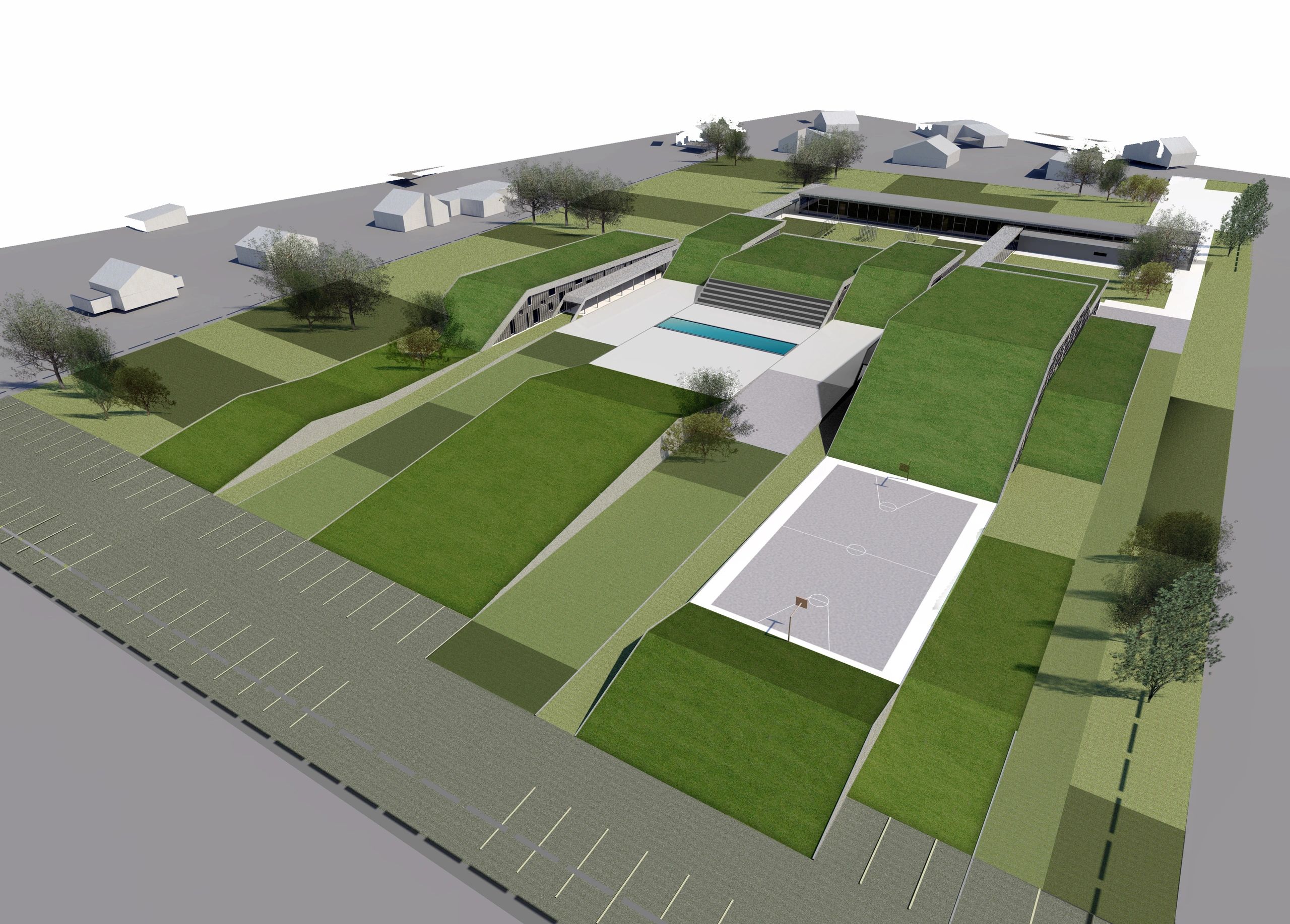 Render aereo di una scuola con tetti verdi, piscina, campo sportivo e parcheggio.