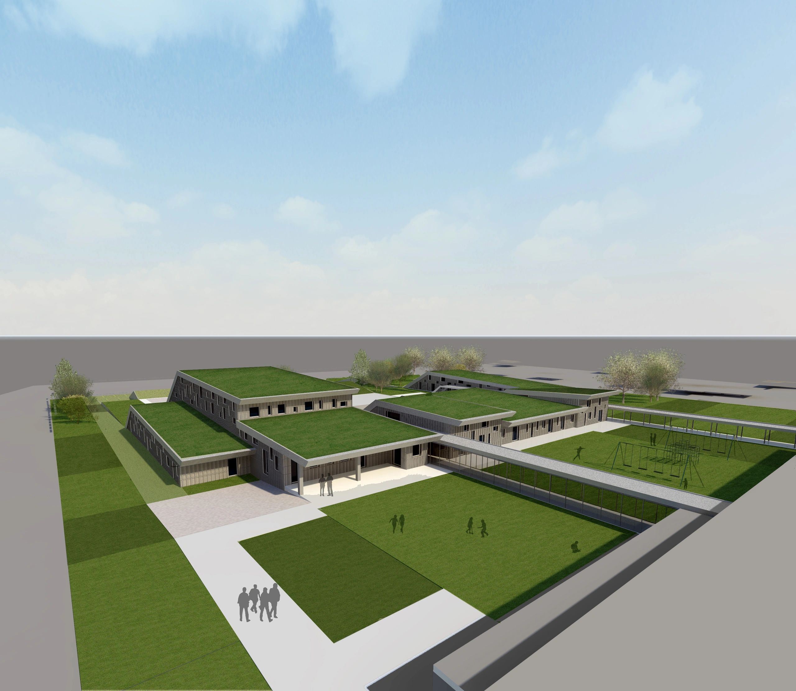 Render di una scuola moderna con tetti verdi estesi, spazi aperti e aree gioco all'aperto.