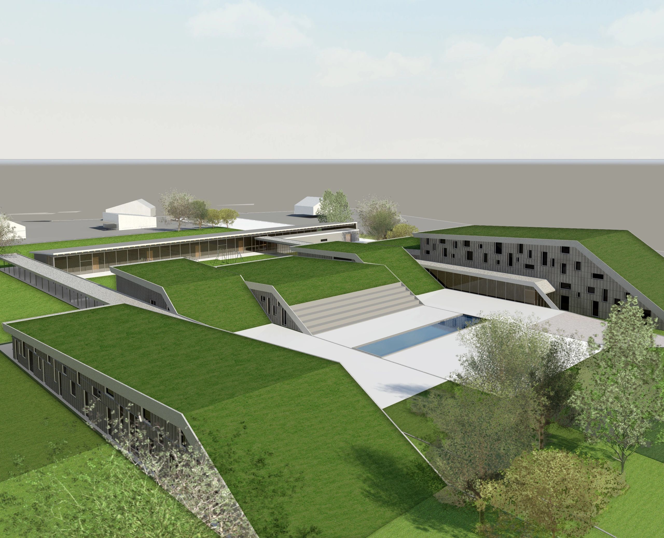 Render di una scuola con tetti verdi ondulati e spazi aperti, perfettamente integrata nel paesaggio.