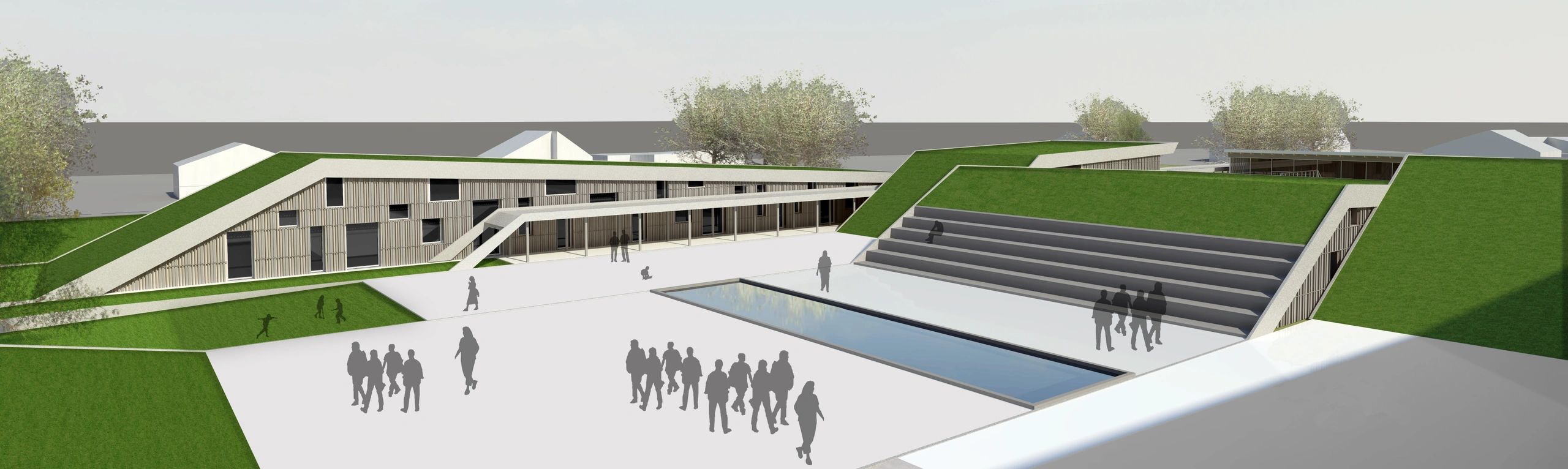 Render di una scuola con tetti verdi, un'ampia piazza centrale e gradinate, immersa nel verde.