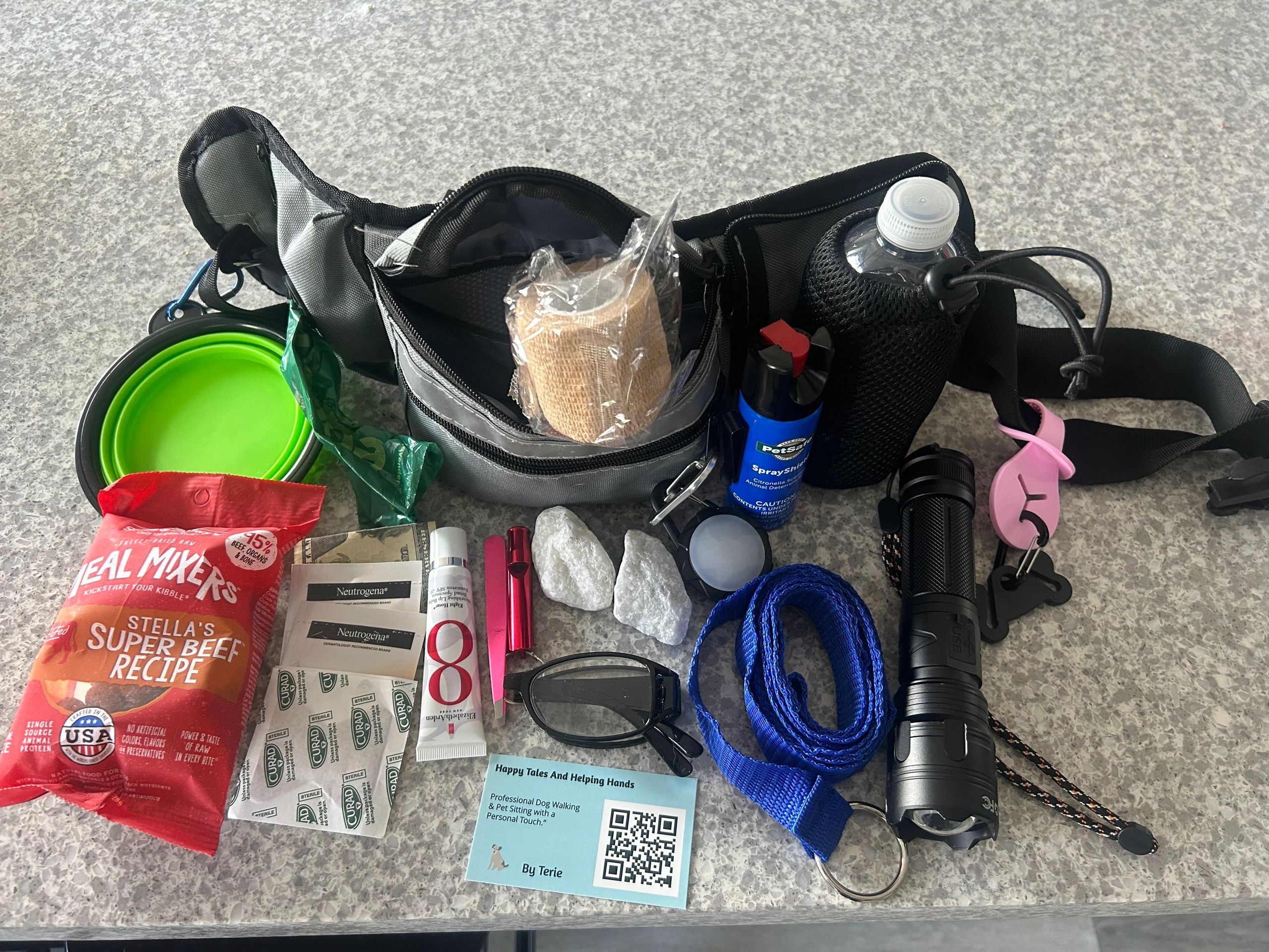 Dog walking essentials including treats, water, leash, and first aid items.