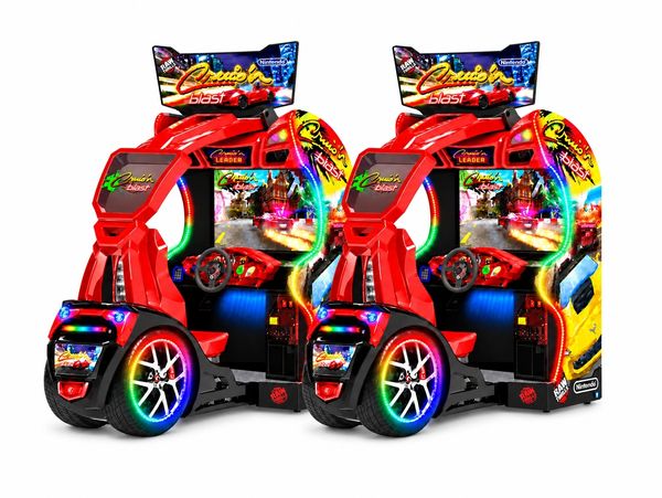 Two vibrant Cruis'n Blast arcade racing machines.
