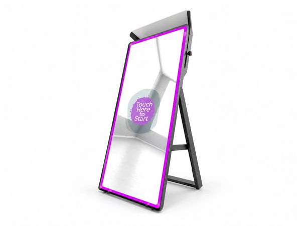 Interactive smart mirror with purple neon frame.