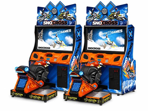 Two SnoCross arcade racing machines with snowmobile controls.