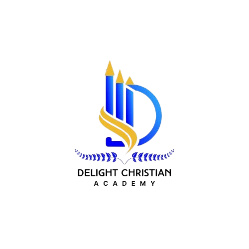 Logo featuring blue pencils and a yellow ribbon representing Delaware Christian Academy.