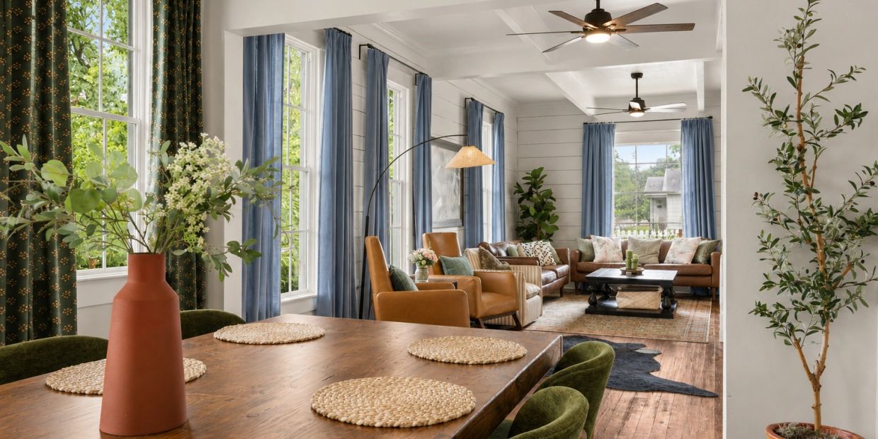 Bright living room with large windows and cozy seating.