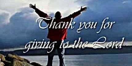 Person with arms raised by water, text thanking the Lord.