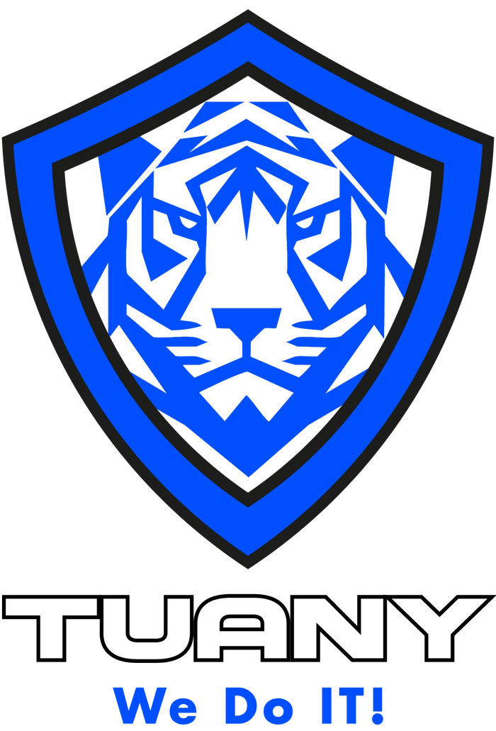 Blue geometric tiger head inside a shield with 'We Do IT!' text.