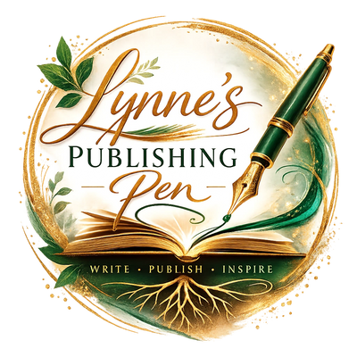 Elegant logo for Lynne's Publishing Pen with pen, book, and roots design.