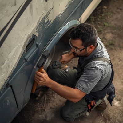 A man performing RV services, RV maintenance, RV body repair and paint