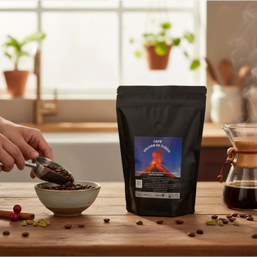Coffee beans being scooped next to a bag of Café Volcán de Fuego and a Chemex coffee maker.