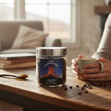 A jar of Volcán de Fuego coffee on a wooden table with a steaming cup held by hands.