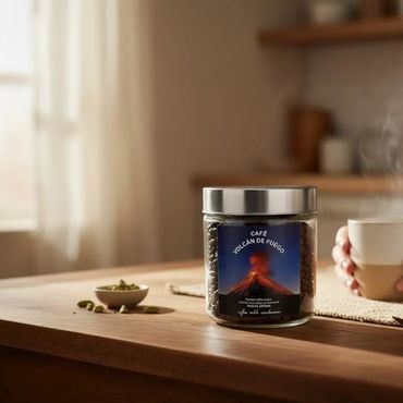 Jar of Café Volcán de Fuego coffee beans on a wooden table with a steaming cup nearby.