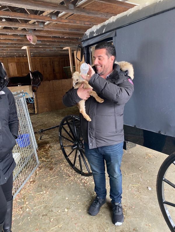 Man feeding baby goat with a bottle in a barn.