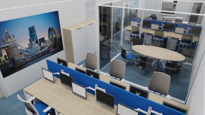 3D office design render showing open plan workspace with glass partitions by TJW Designs Rochester