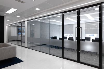 Double glazed office partitions with integrated blinds installed in Kent professional services offic