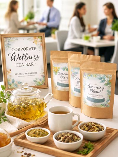 Corporate Wellness Tea Bar featuring Serenity Blend teas and herbal infusions.