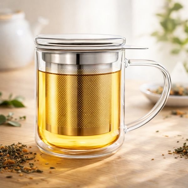 Clear glass tea infuser cup with golden tea inside on wooden table.