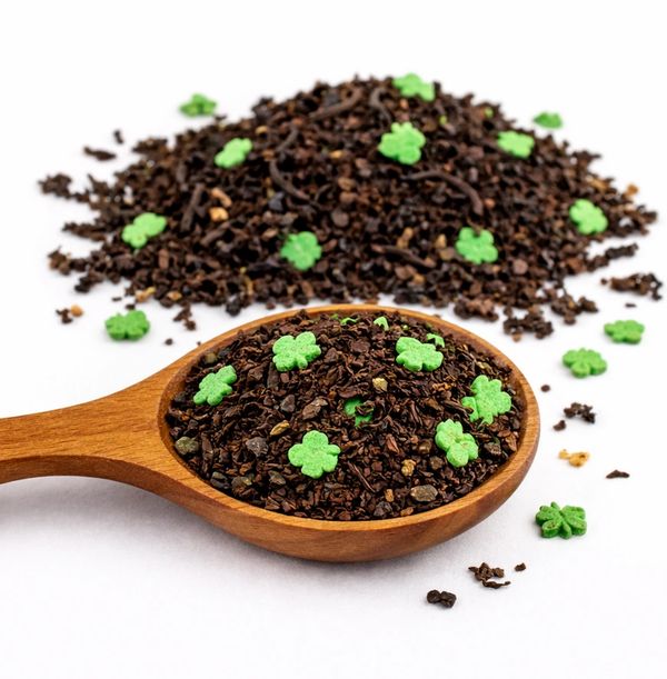 Wooden spoon with brown tea leaves and green flower-shaped pieces on white background.