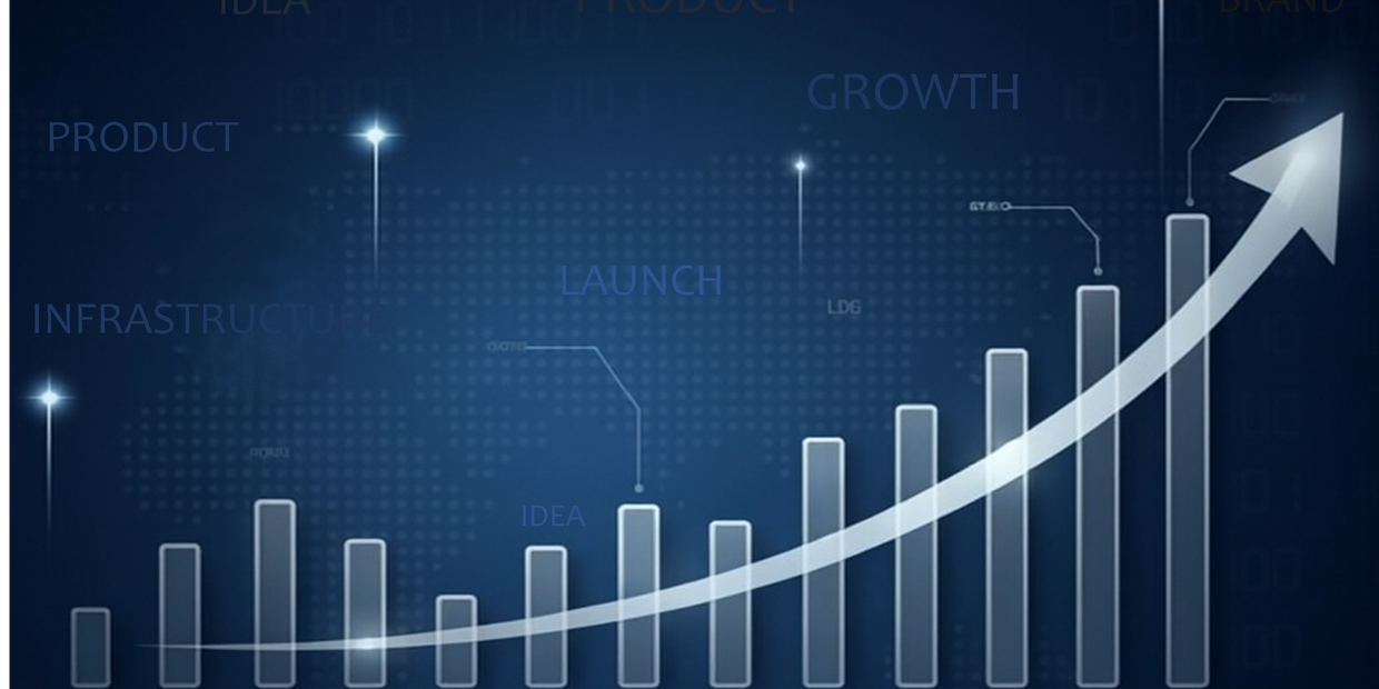 Glowing bar chart showing steady business growth with upward arrow and key concepts.