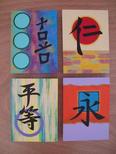 Group of Kanji paintings on 5' x 8' wood panels