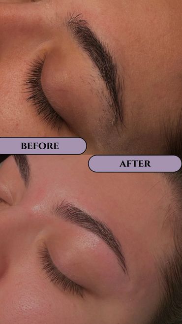 Close-up before and after eyebrow grooming and shaping on a person's face.
