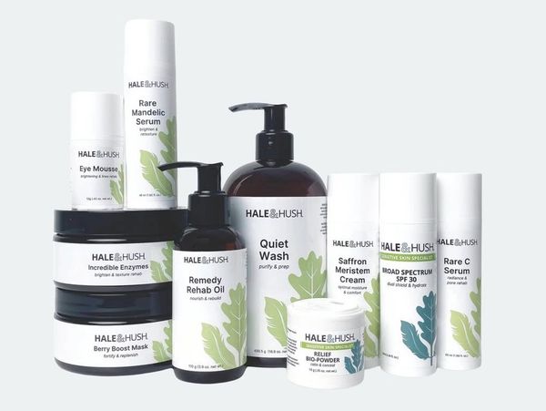 Set of Hale & Hush skincare products with natural leaf designs.