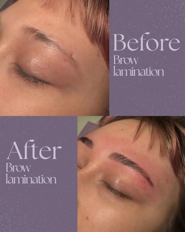 Before and after eyebrow lamination showing fuller, styled brows.