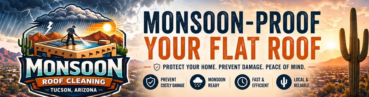 Monsoon Roof Cleaning advertises protecting flat roofs from monsoon damage in Tucson, Arizona.