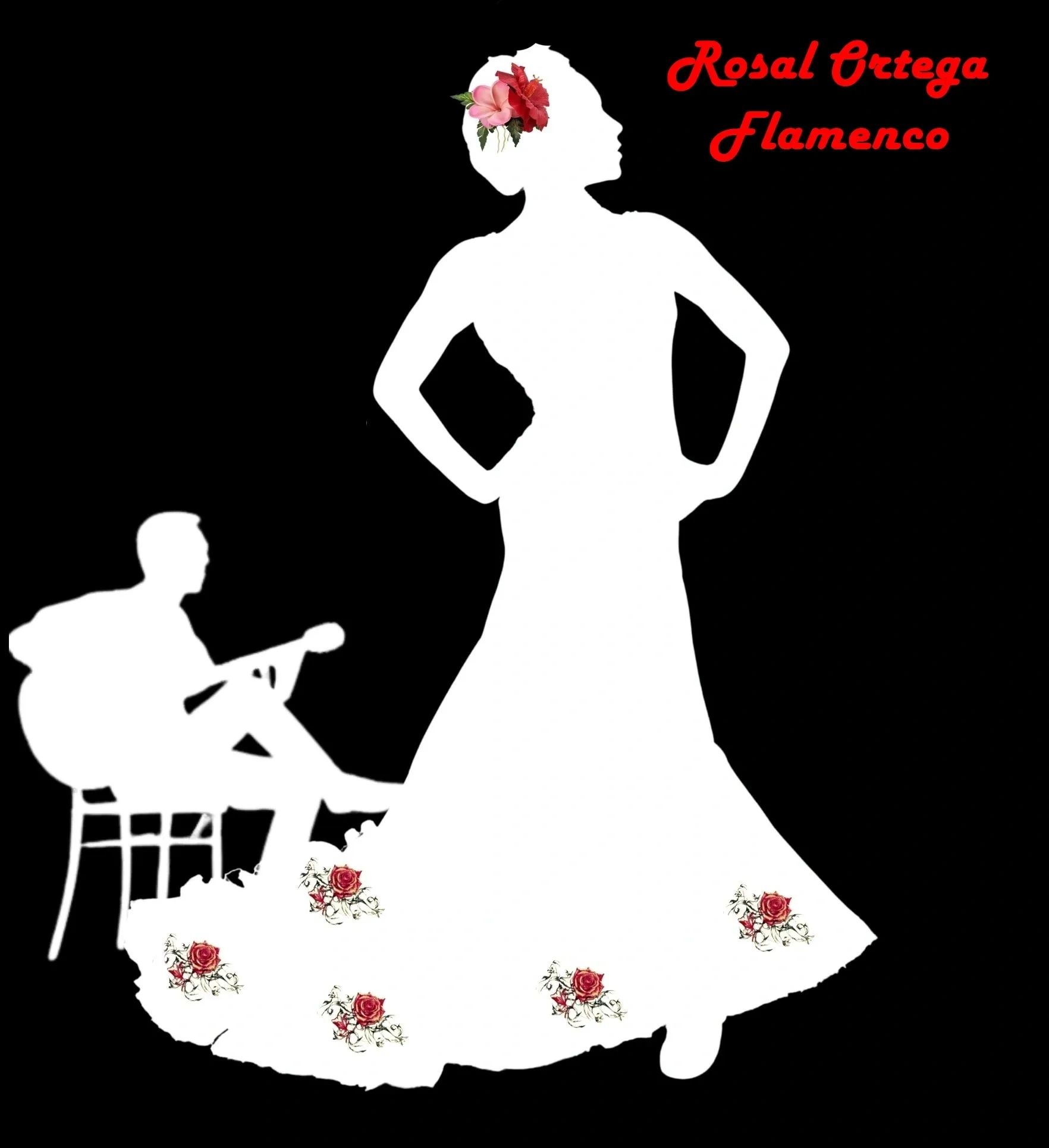 Silhouettes of flamenco dancer and guitarist with red floral details and text.