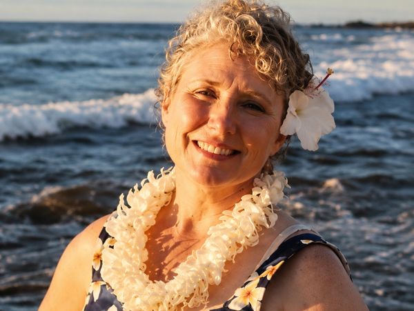 Smiling woman wearing a lei and flower at the beach.
