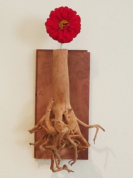Wall Bud Vase made from "Former" potted tree mounted to salvaged Cherry tongue and groove flooring