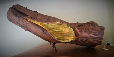 Lamp made from salvaged cypress log.