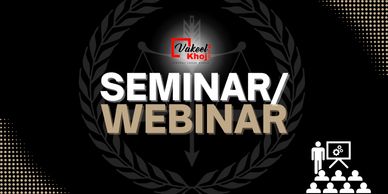 Seminar and webinar announcement with legal-themed design.