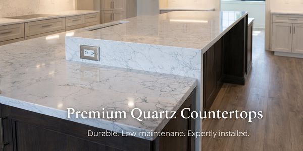 Waterfall quartz island in Canfield, OH – new kitchen remodels near Poland & Youngstown.