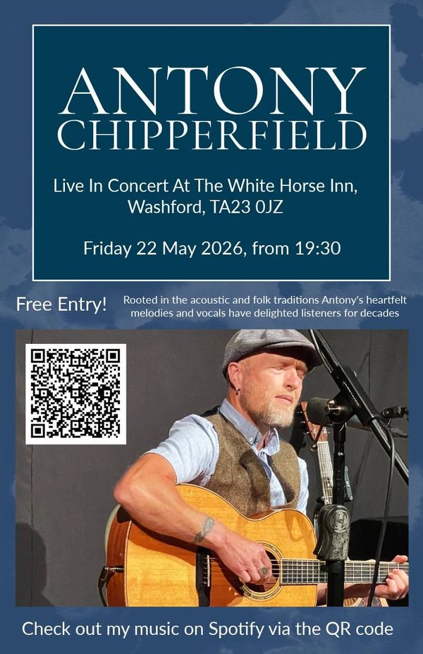 Antony Chipperfield live concert poster with free entry and Spotify QR code.