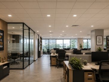 Modern open office space with desks and meeting room.
