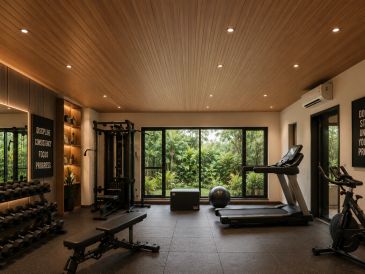 Modern home gym with large window and various equipment.