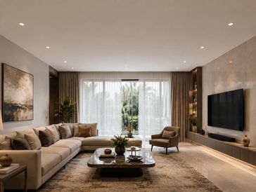Modern living room with large windows and neutral tones.