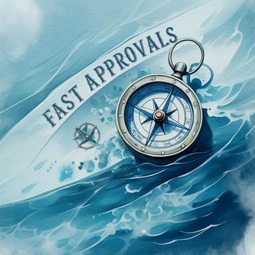 A compass on water with the text 'Fast Approvals'.